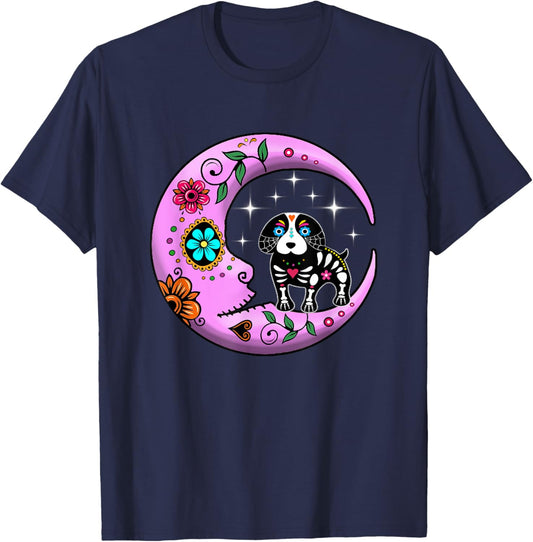 Dog & Moon Sugar Skull Dia de Los Muertos Funny Day Of Dead T-Shirt - T-Shirt | Navy