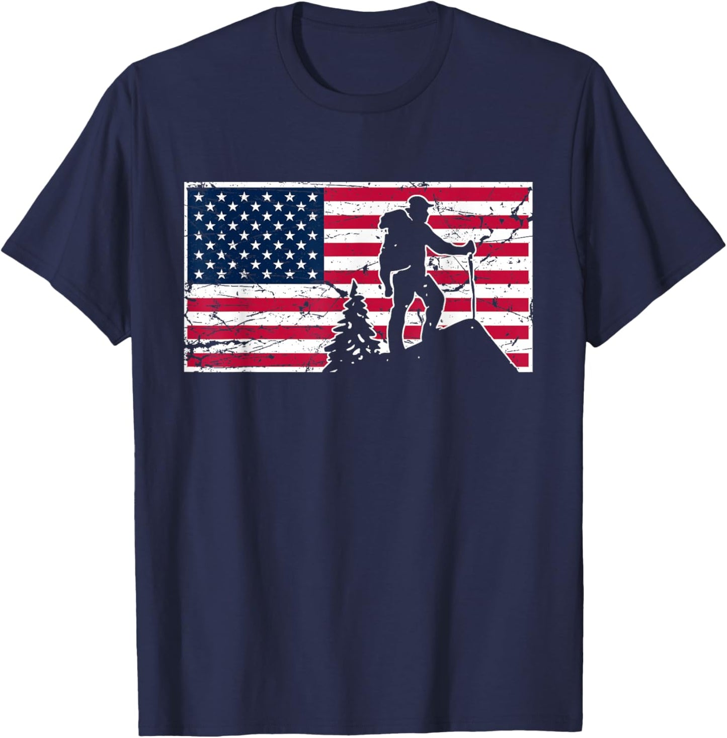Hiking American Flag 2023 July 4th Design For Hikers T-Shirt - T-Shirt | Navy
