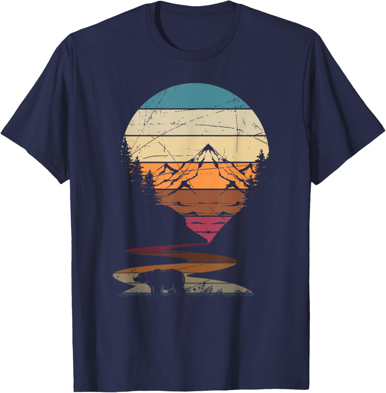 Retro Outdoor Nature Trees Bear Mountains Forest Hiking T-Shirt - T-Shirt | Navy
