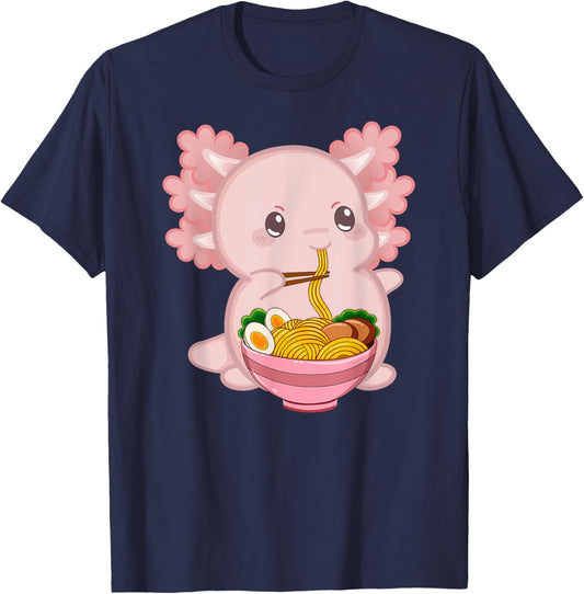 Cute Anime Merch & Kawaii Stuff For Girls Or Kids Kawaii Axolotl Ramen Noodles Teen Girls Kids Japanese Anime T-Shirt - T-Shirt | Navy