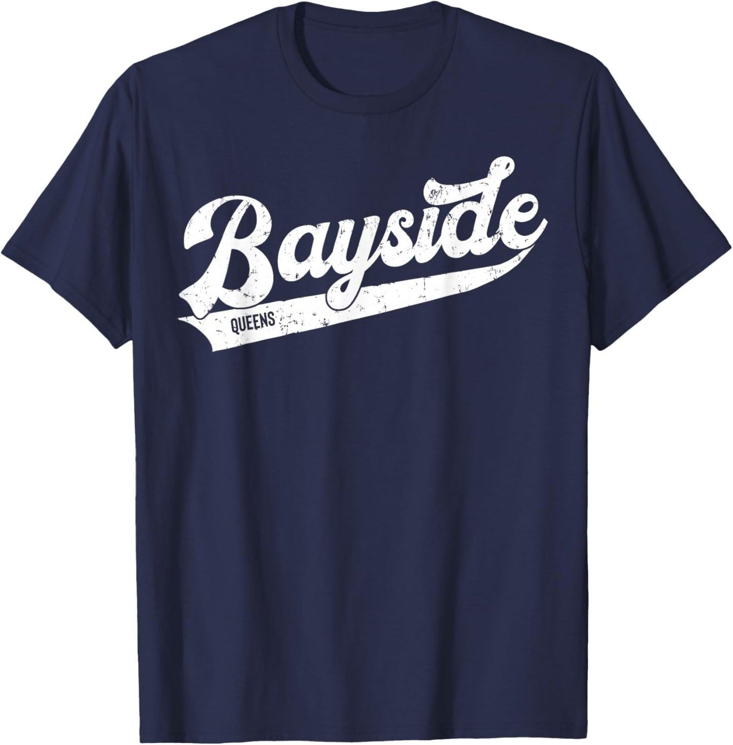 Bayside Queens NYC Typographic Distressed Design T-Shirt - T-Shirt | Navy