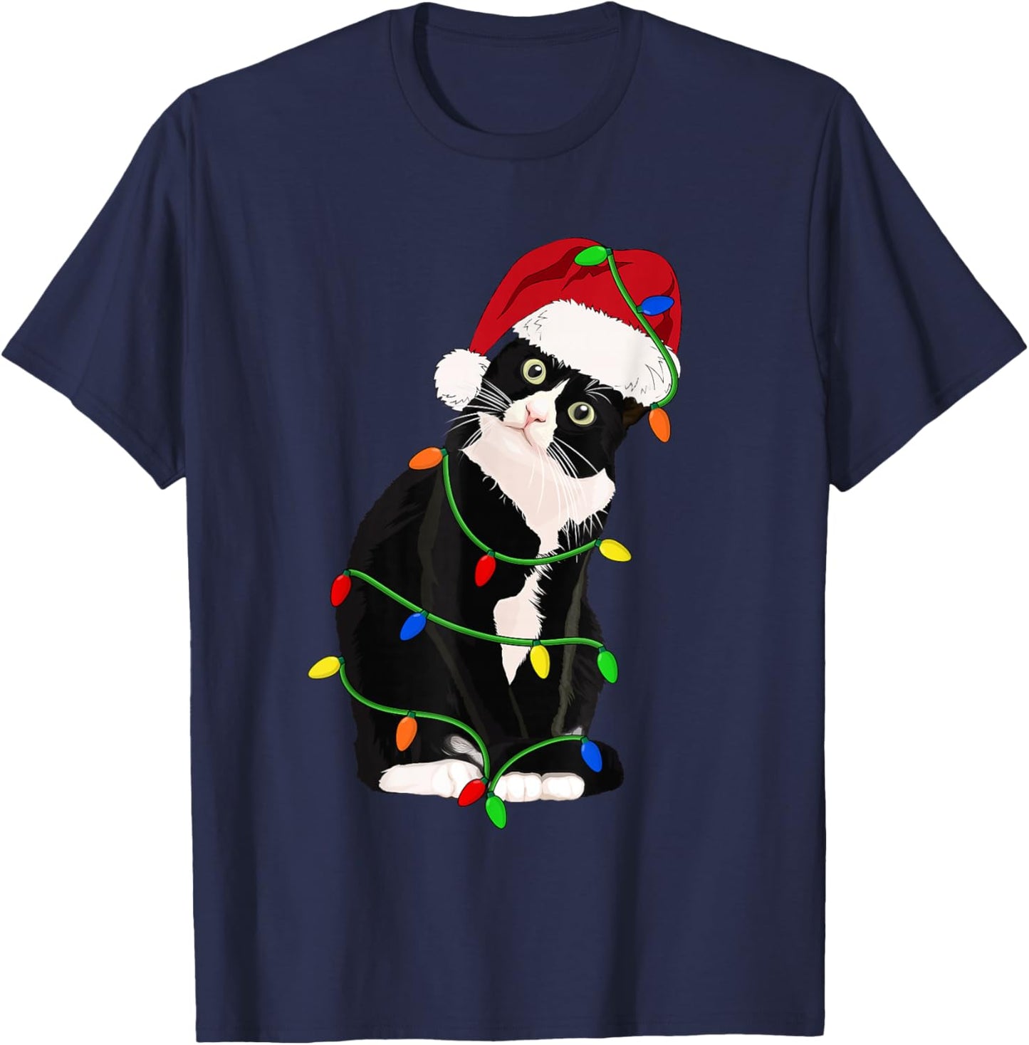 Tuxedo Cat Meow Santa Tuxie Christmas Tree Lights Cat Catmas T-Shirt - T-Shirt | Navy