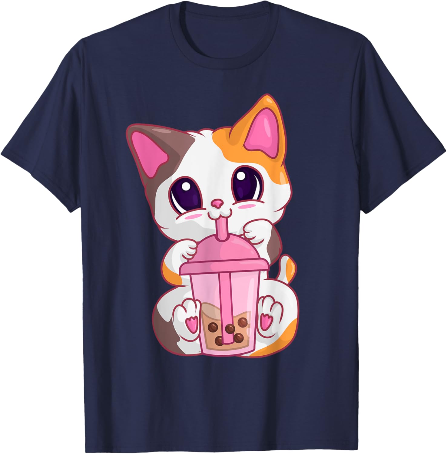 Bubble Tea Cat s , Kawaii Meneki Neko Boba Tea T-Shirt - T-Shirt | Navy
