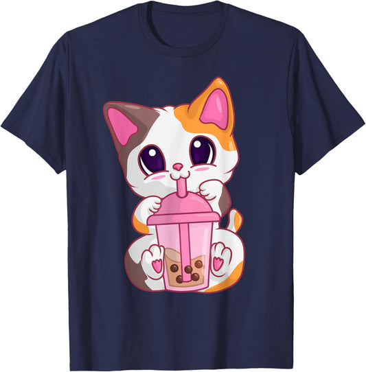 Bubble Tea Cat s , Kawaii Meneki Neko Boba Tea T-Shirt - T-Shirt | Navy