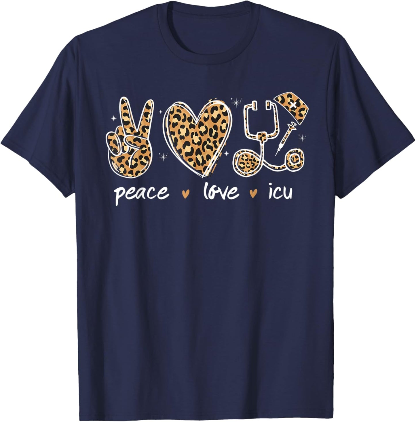 Peace love Icu nurse life leopard Print stethoscope Heart T-Shirt - T-Shirt | Navy