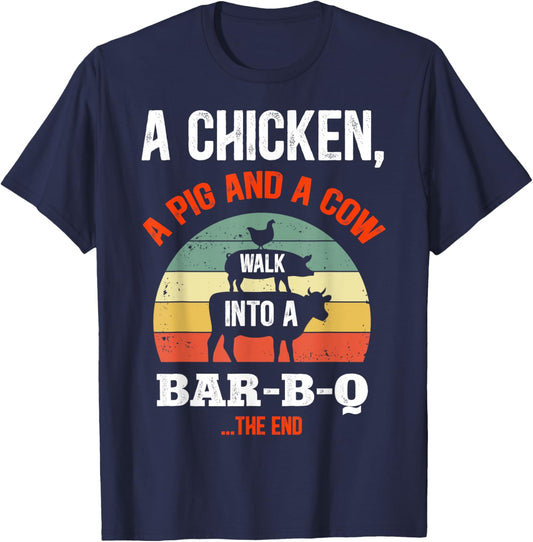 A Chicken A Pig & A Cow Walk Into A Bar-B-Q Funny Barbecue T-Shirt - T-Shirt | Navy