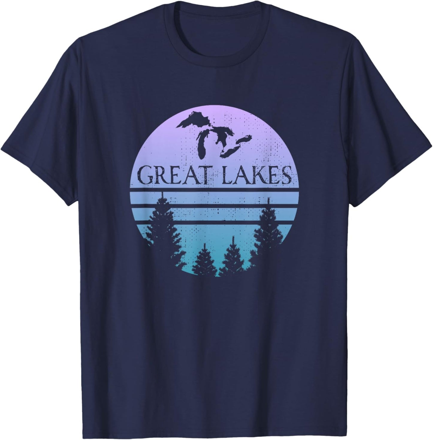 Great Lakes of Michigan Lakes Silhouette Trees T-Shirt - T-Shirt | Navy