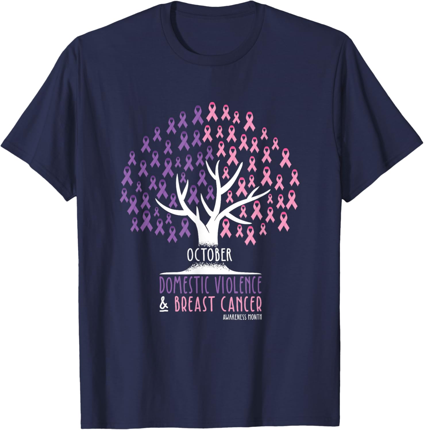 Ribbon Tree - Breast Cancer and Domestic Violence Awareness T-Shirt - T-Shirt | Navy