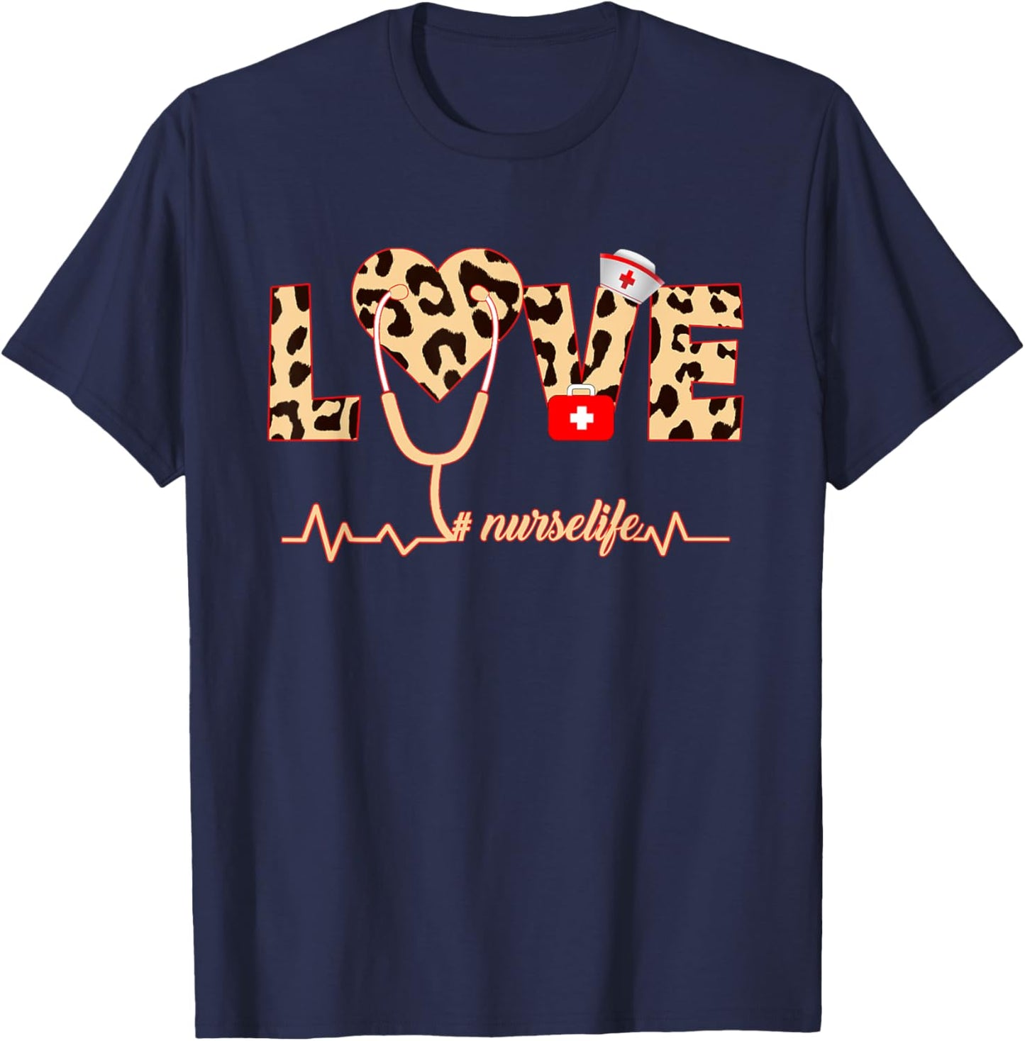Nurse Life RN LPN CNA Healthcare Cheetah Heart Leopard T-Shirt - T-Shirt | Navy