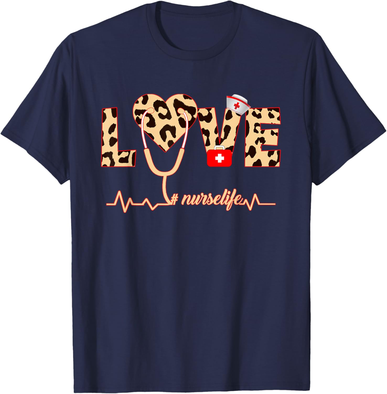 Nurse Life RN LPN CNA Healthcare Cheetah Heart Leopard T-Shirt - T-Shirt | Navy