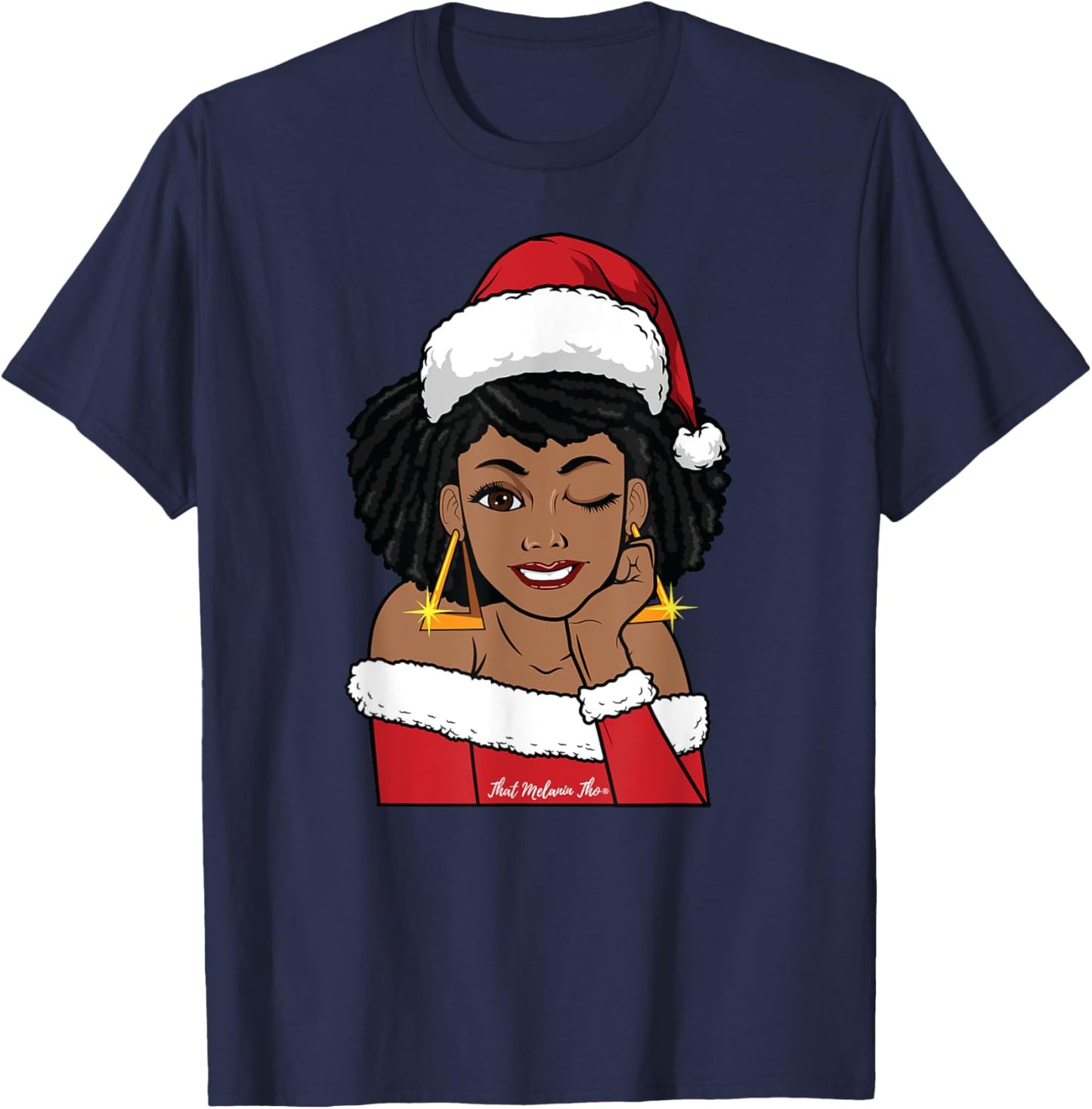 Black Mrs. Claus w/Afro Winking African American Christmas T-Shirt - T-Shirt | Navy