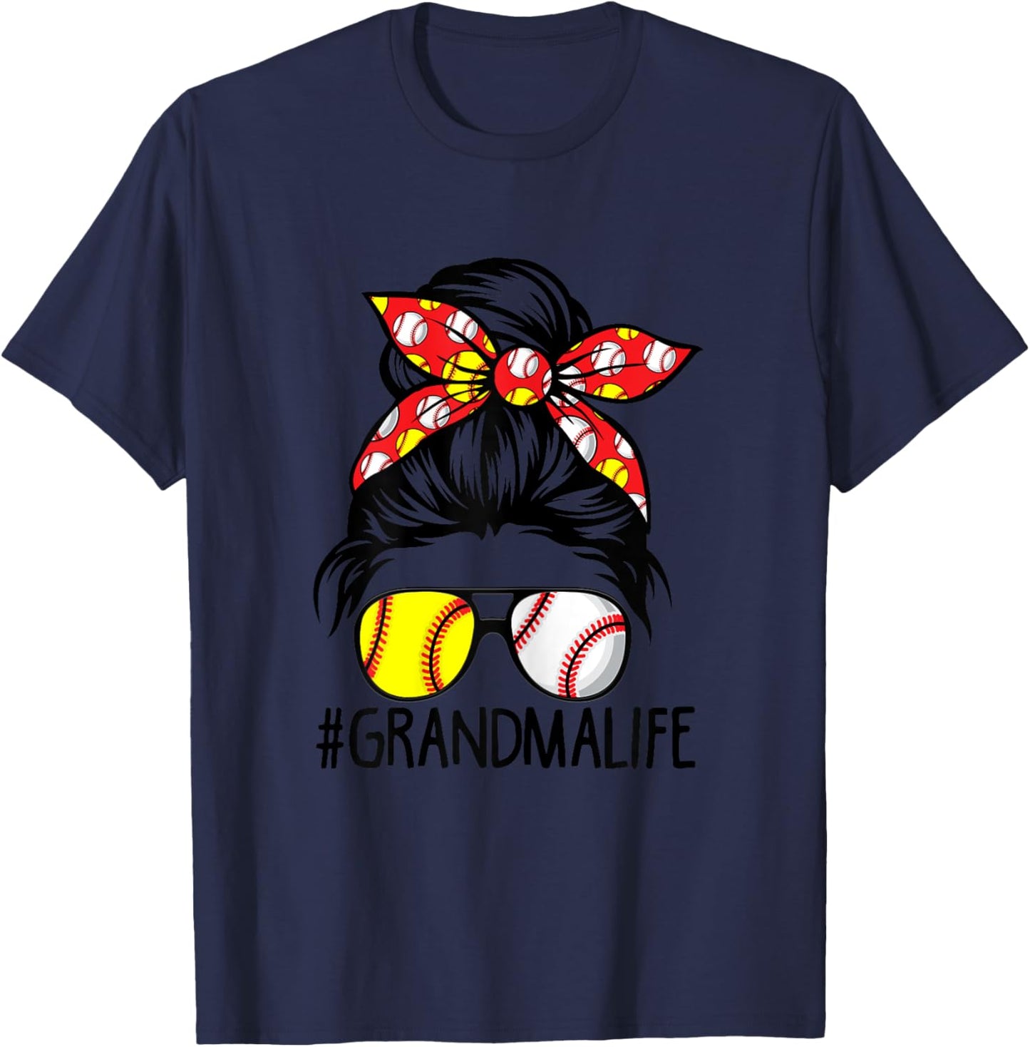 Dy Messy Bun Mothers Day Softball Baseball Grandma Life T-Shirt - T-Shirt | Navy