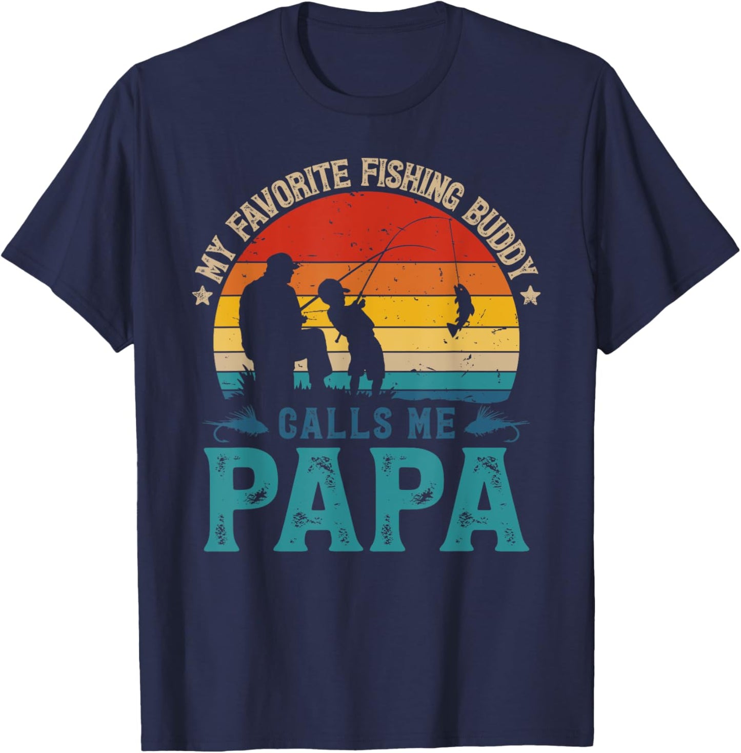 Vintage Favorite Fishing Buddy Calls Me Papa Fish Man Sunset T-Shirt - T-Shirt | Navy