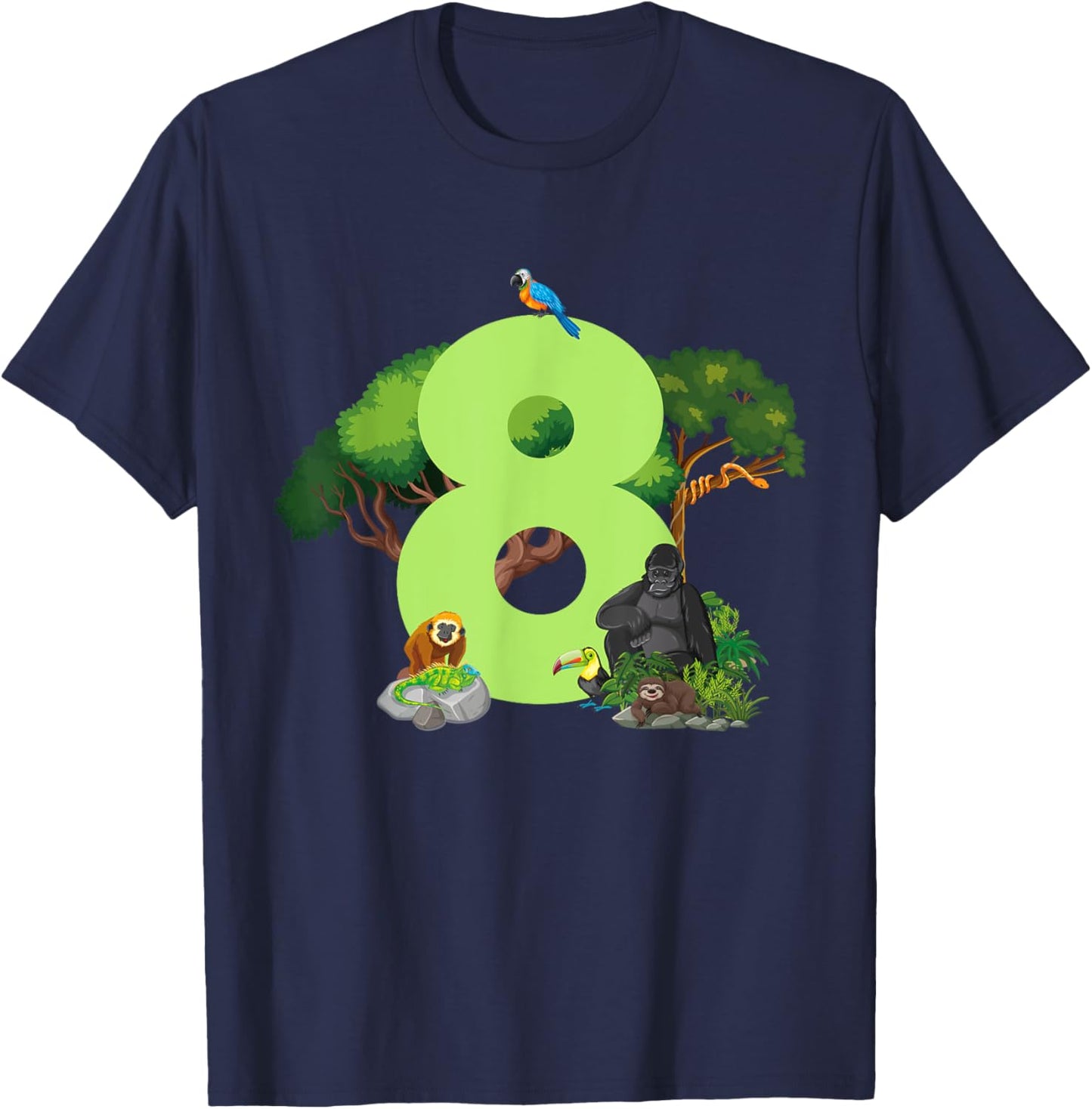 8th Birthday Jungle Animals Safari Rainforest 8 Year Old T-Shirt - T-Shirt | Navy