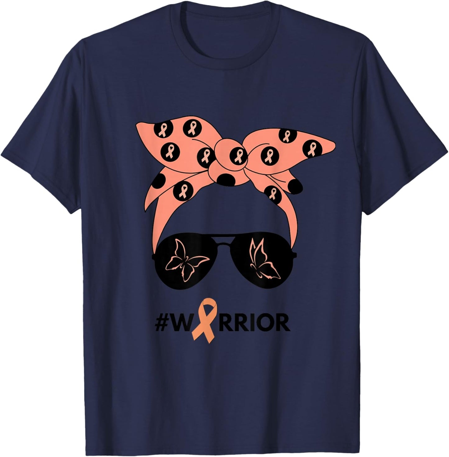 Peach Ribbon Uterine Endometrial Cancer Warrior Bandana T-Shirt - T-Shirt | Navy