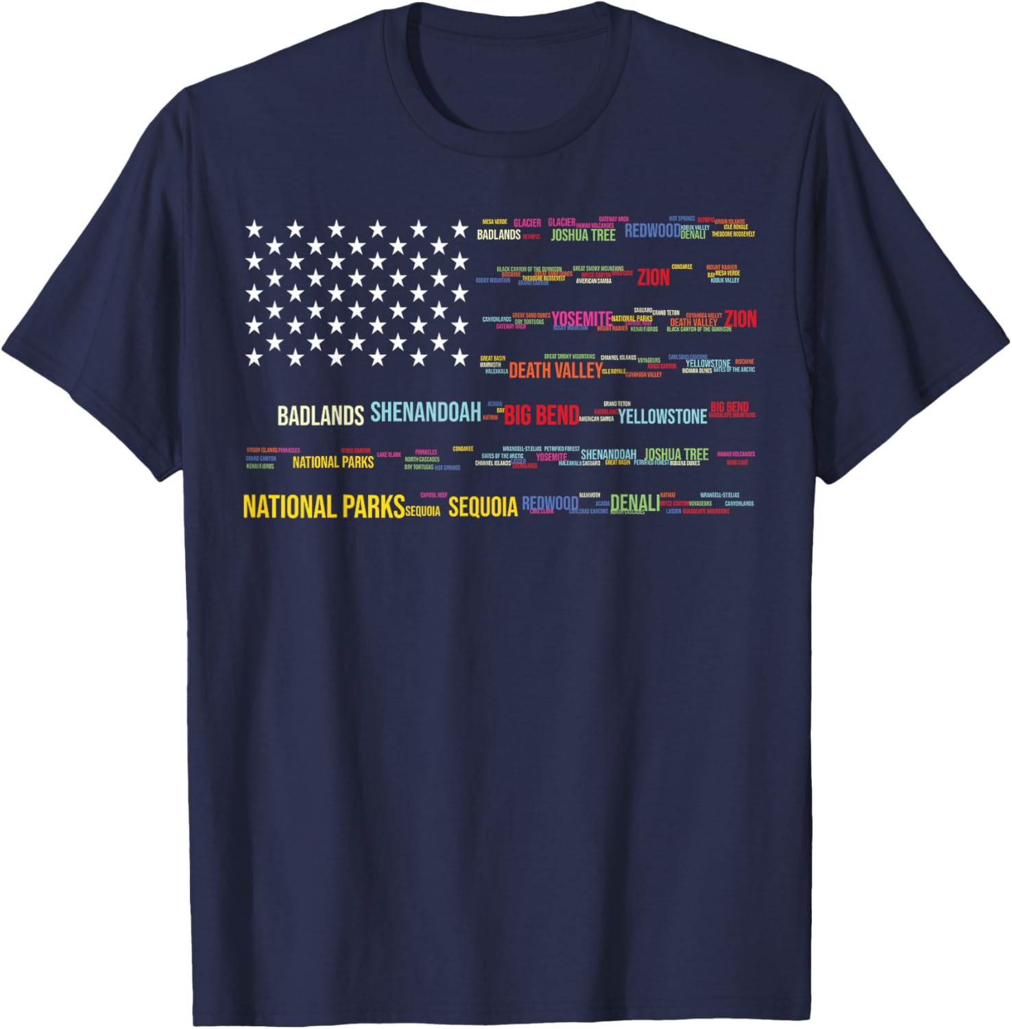 National Parks USA List Word Cloud US Flag Camping & Hiking T-Shirt - T-Shirt | Navy