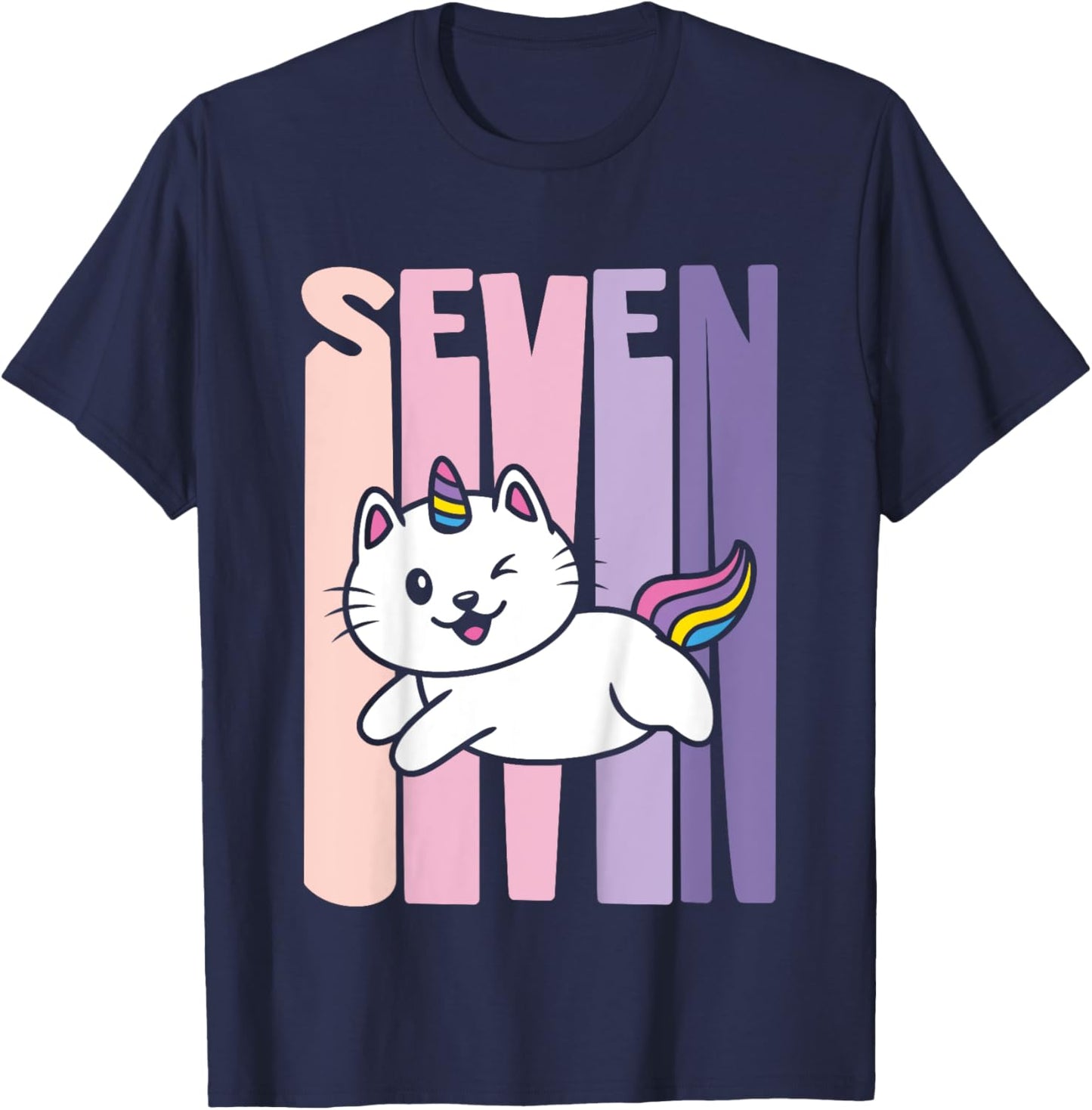 7 Year Old Cute Caticorn Cat Unicorn Birthday Girl B-day T-Shirt - T-Shirt | Navy