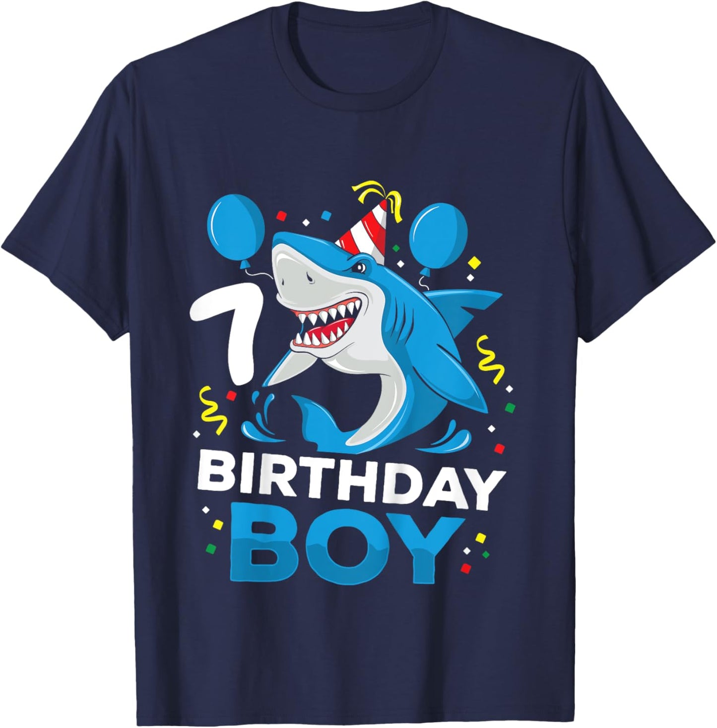 Kids 7th Birthday Boy Shark Ocean Theme Party 7 Years Old For Boy T-Shirt - T-Shirt | Navy