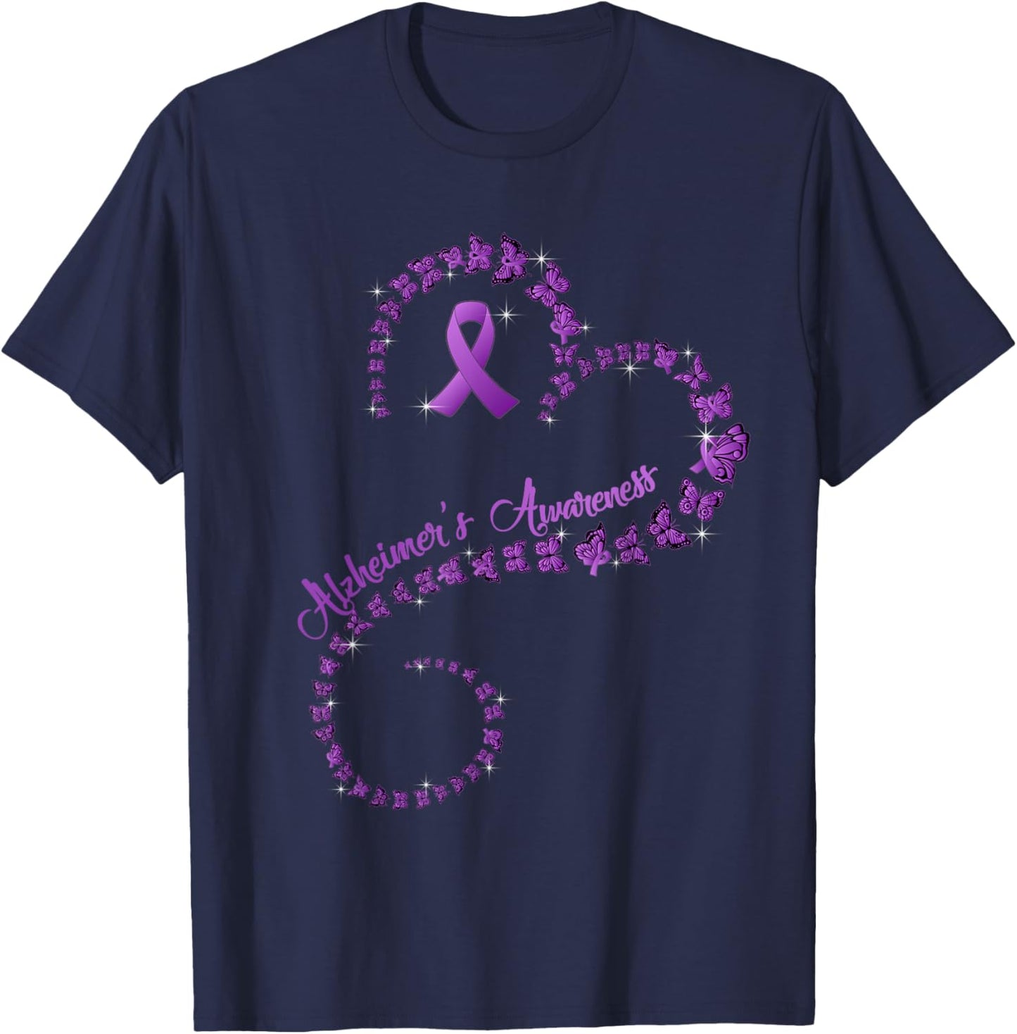 Purple Ribbon Butterfly Heart Alzheimer's awareness T-Shirt - T-Shirt | Navy
