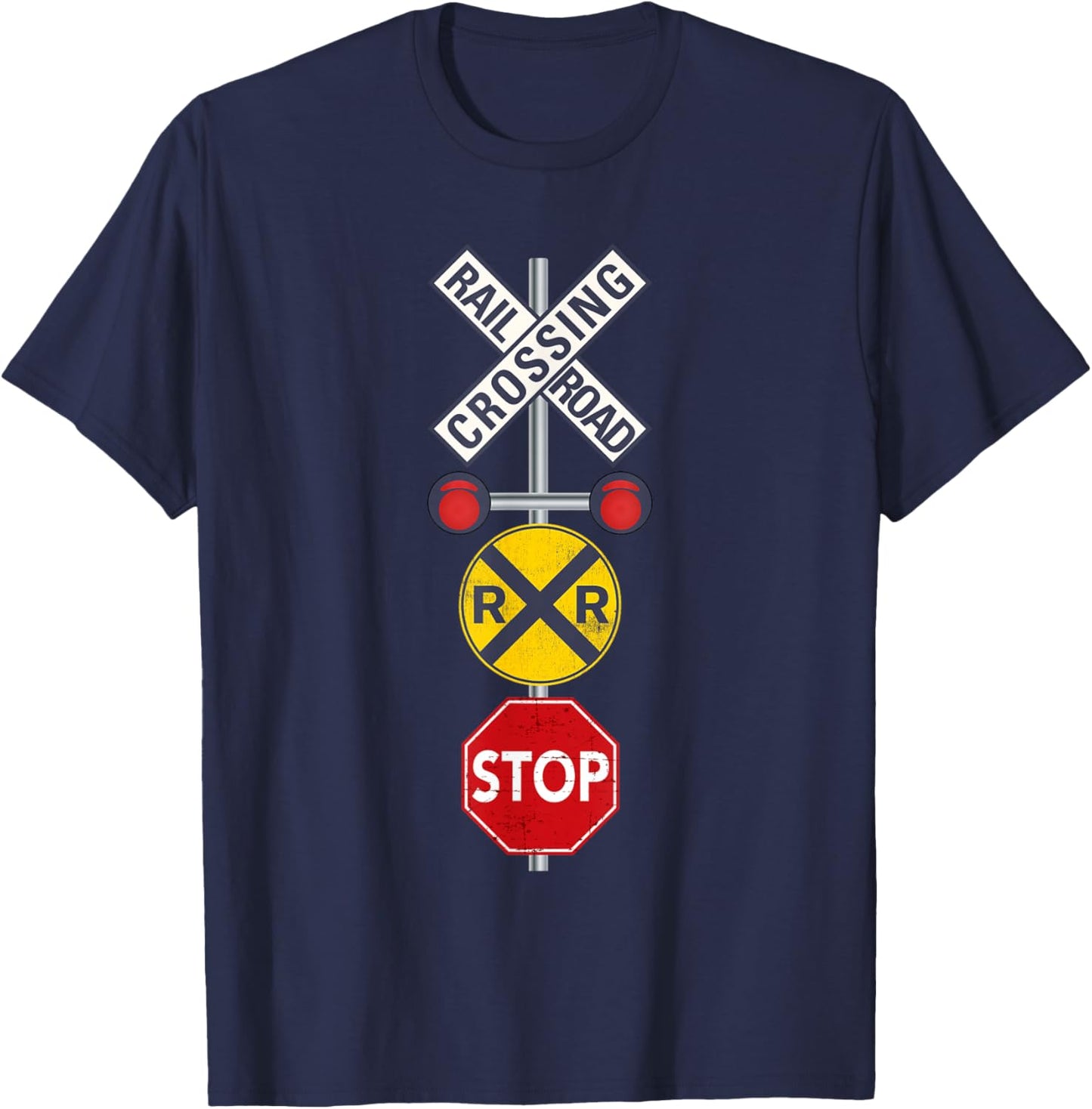 Railway Railroad Crossing Sign Train Worker Engineer Railfan T-Shirt - T-Shirt | Navy