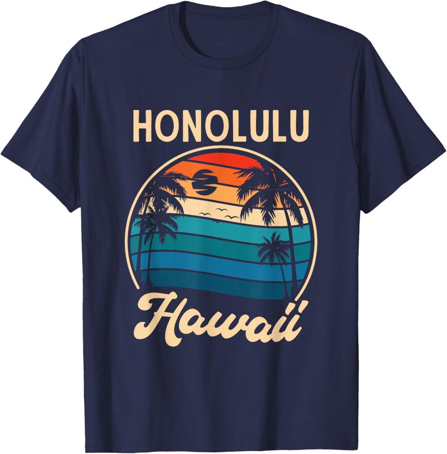 Retro Palm Trees Tropical Summer Holiday Honolulu Hawaii T-Shirt - T-Shirt | Navy
