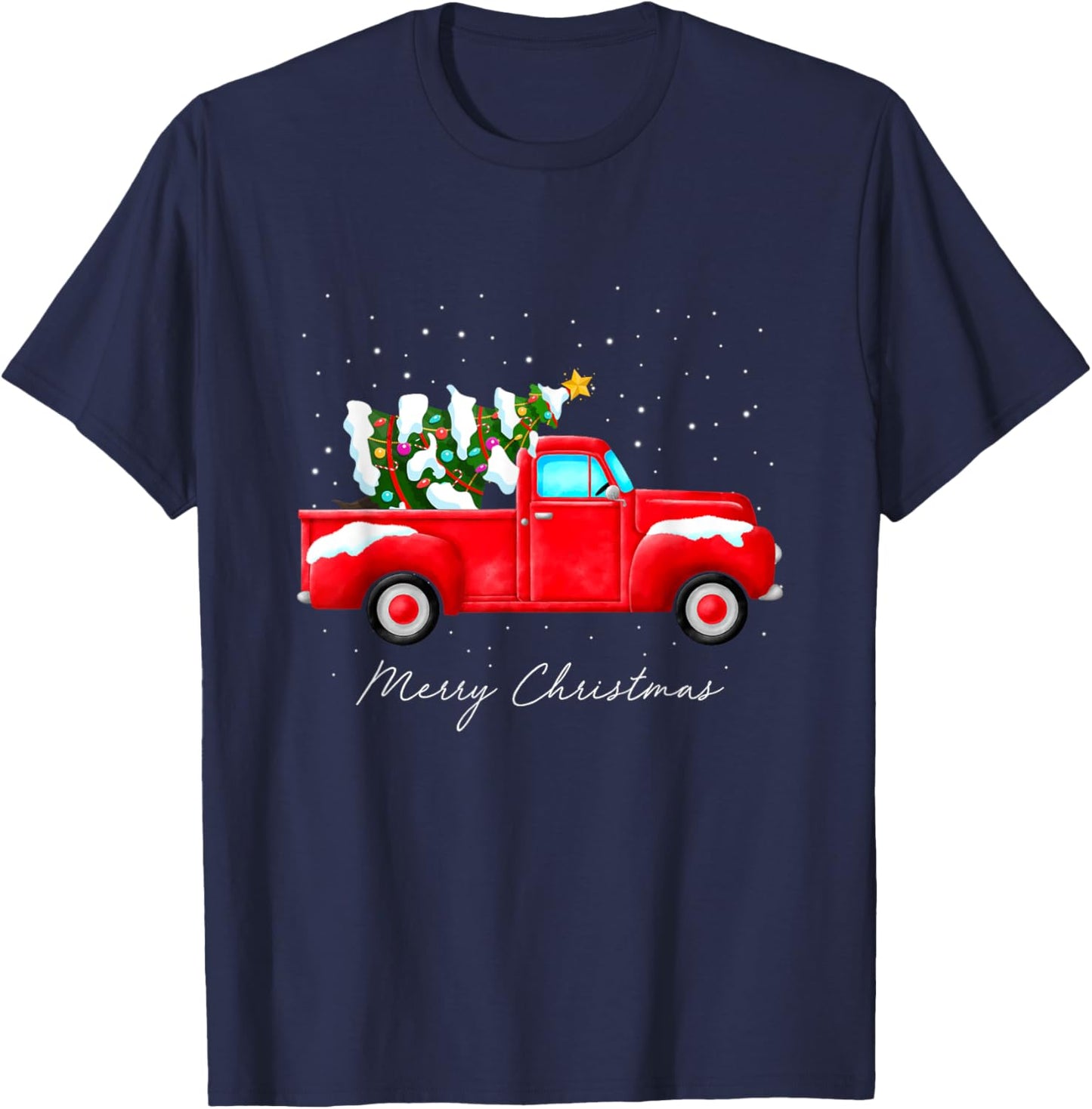 Red Truck Christmas Tree Lights Family Matching Vintage T-Shirt - T-Shirt | Navy