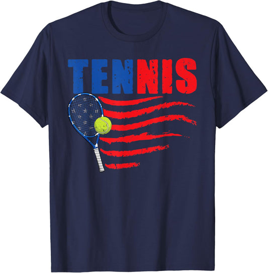 Retro Tennis Lover USA American Flag 4th Of July T-Shirt - T-Shirt | Navy