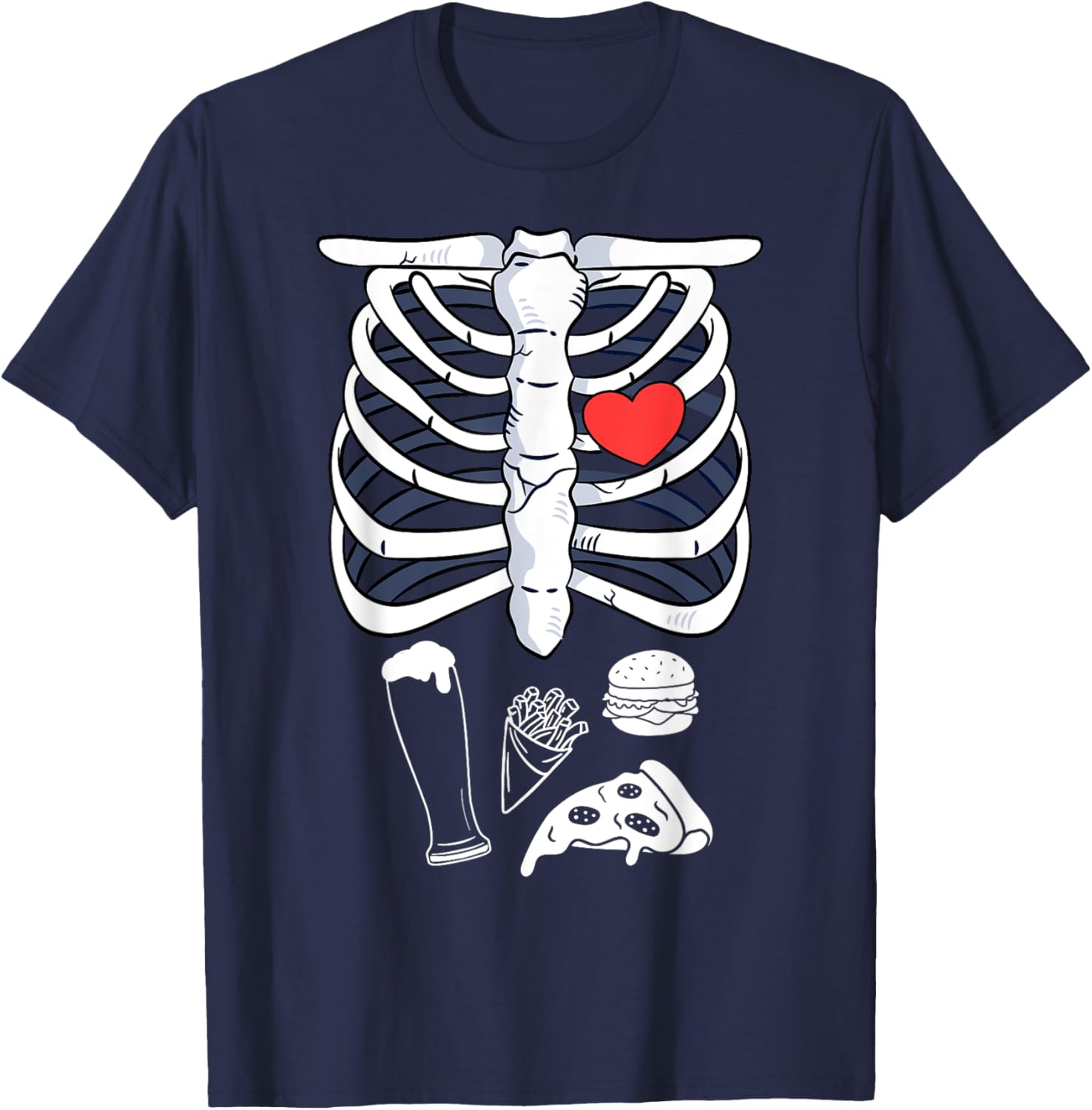 Skeleton Halloween Beer Pizza French Fries Burger Costume T-Shirt - T-Shirt | Navy