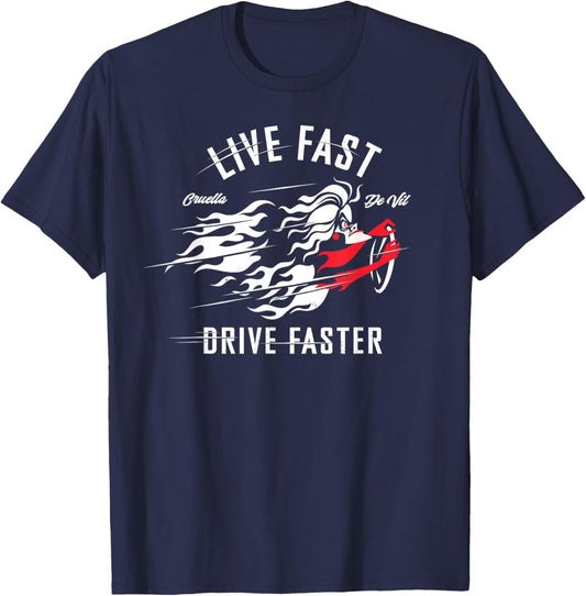 Disney Villains Cruella de Vil Live Fast Drive Faster T-Shirt - T-Shirt | Navy