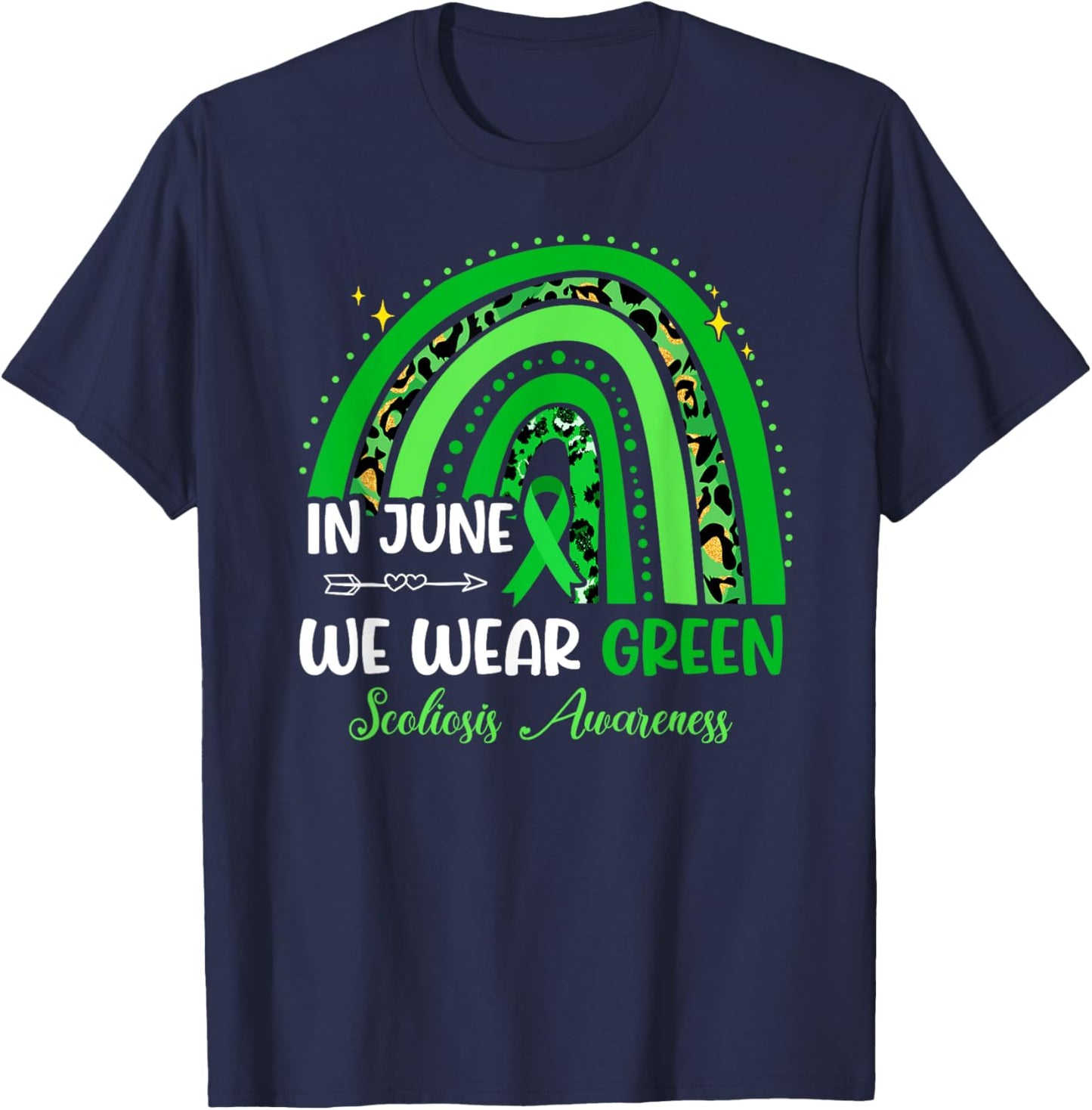 In June We Wear Green Ribbon For Scoliosis Awareness Rainbow T-Shirt - T-Shirt | Navy