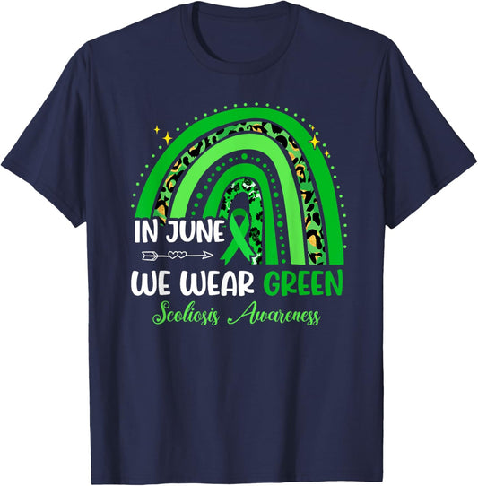 In June We Wear Green Ribbon For Scoliosis Awareness Rainbow T-Shirt - T-Shirt | Navy