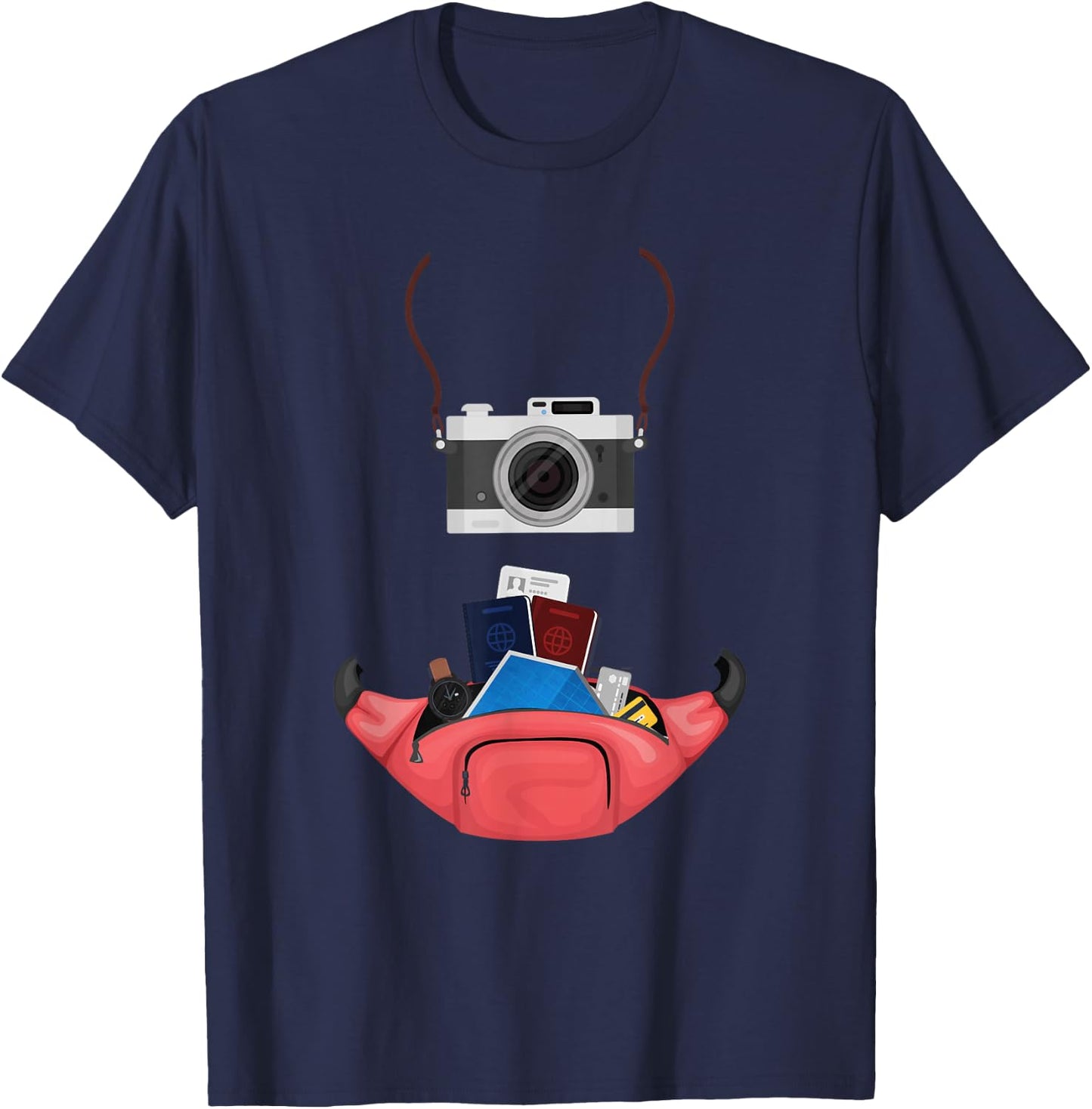 Tourist Spirit Day Camera Passport Map and Camera Tourism T-Shirt - T-Shirt | Navy
