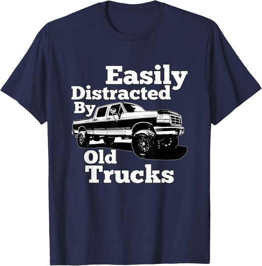 OBS 90s Lifted Crew Cab Easily Distracted By Old Trucks T-Shirt - T-Shirt | Navy