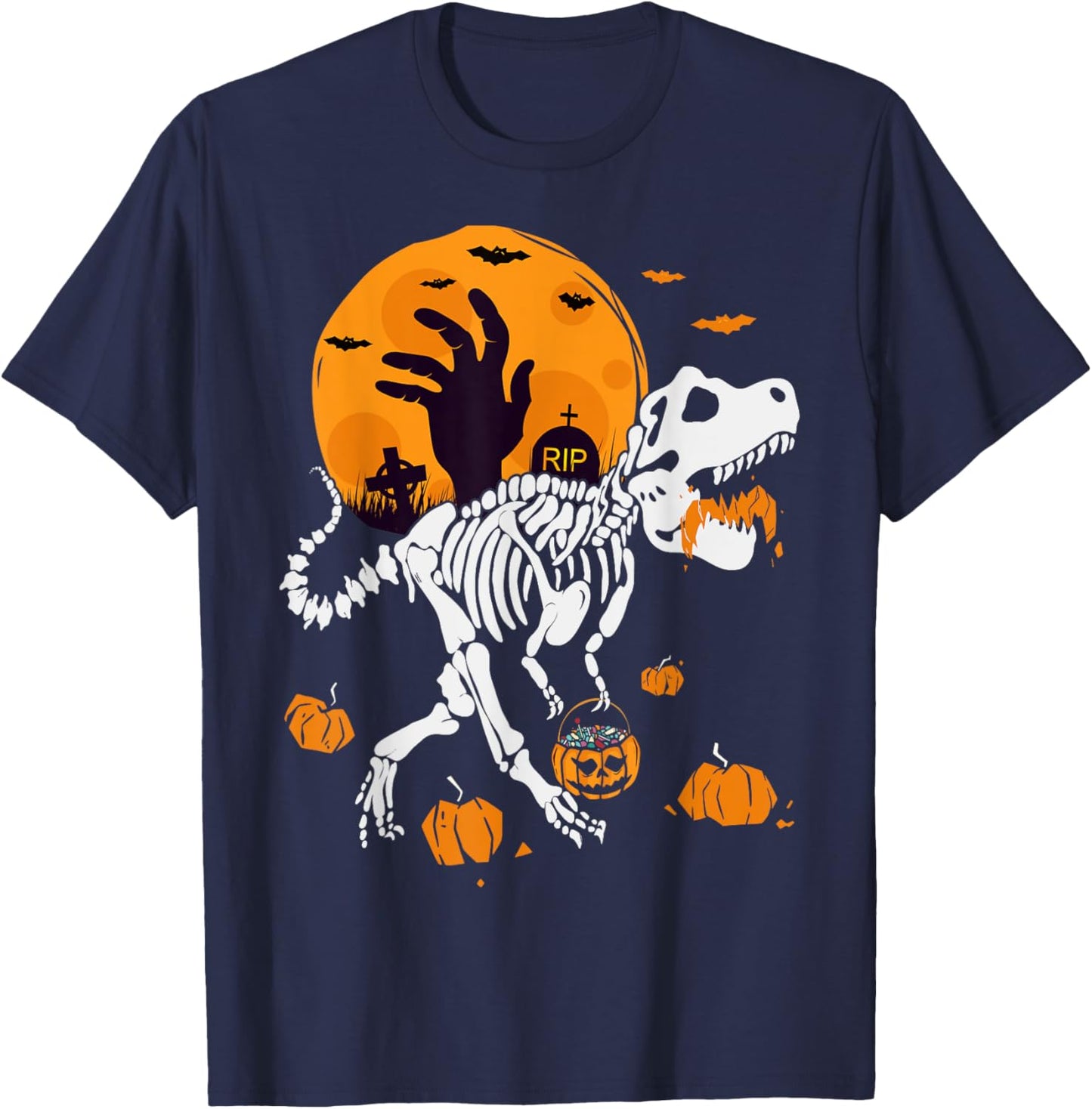 Pumpkin Trex with Moon Halloween Dinosaur Skeleton T-Shirt - T-Shirt | Navy