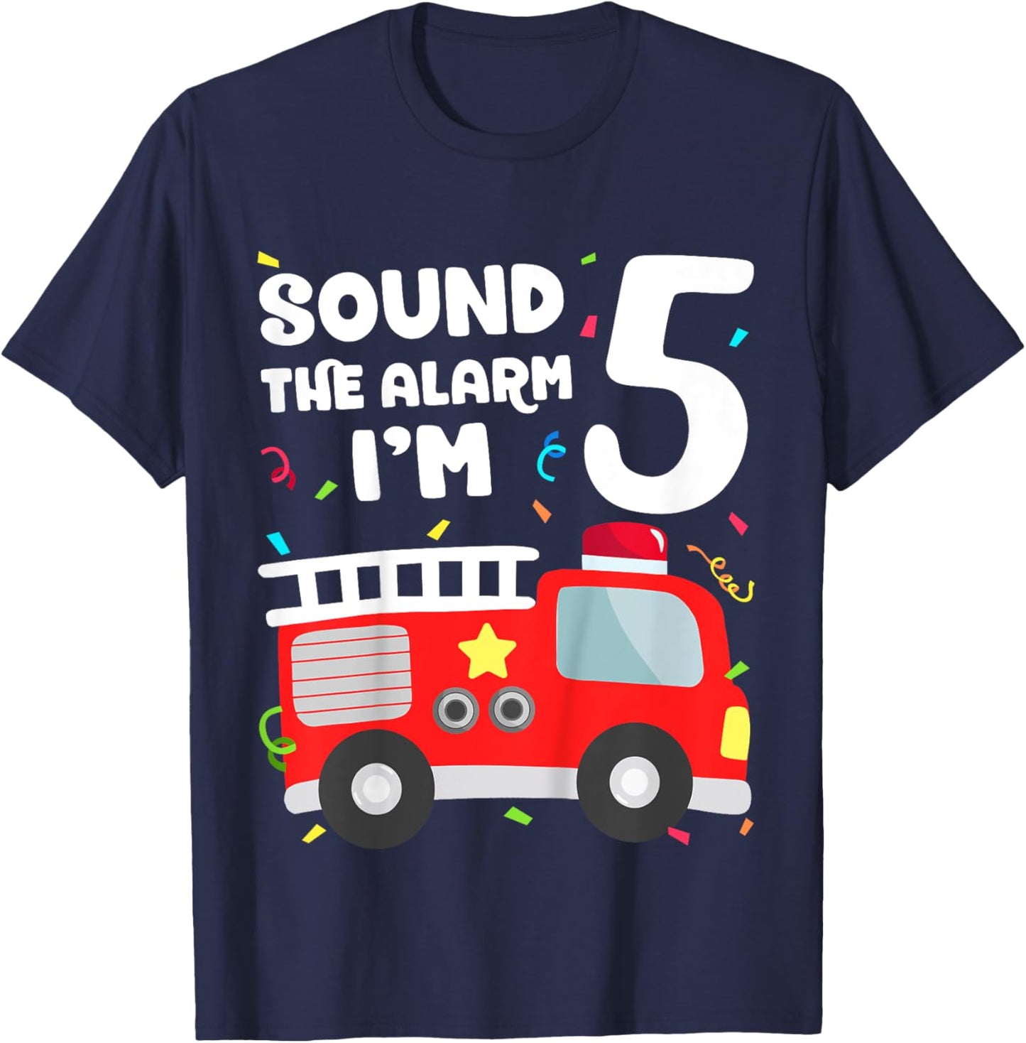 Kids Fire Truck 5th Birthday Toddler Boy Firefighter 5 Year Old T-Shirt - T-Shirt | Navy