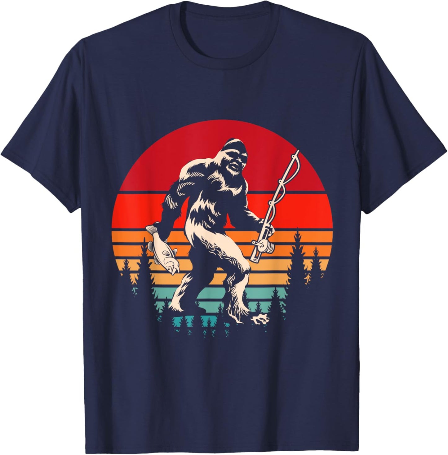 Retro Yeti Sasquatch Cryptid Fishermen Gift Fishing Bigfoot T-Shirt - T-Shirt | Navy