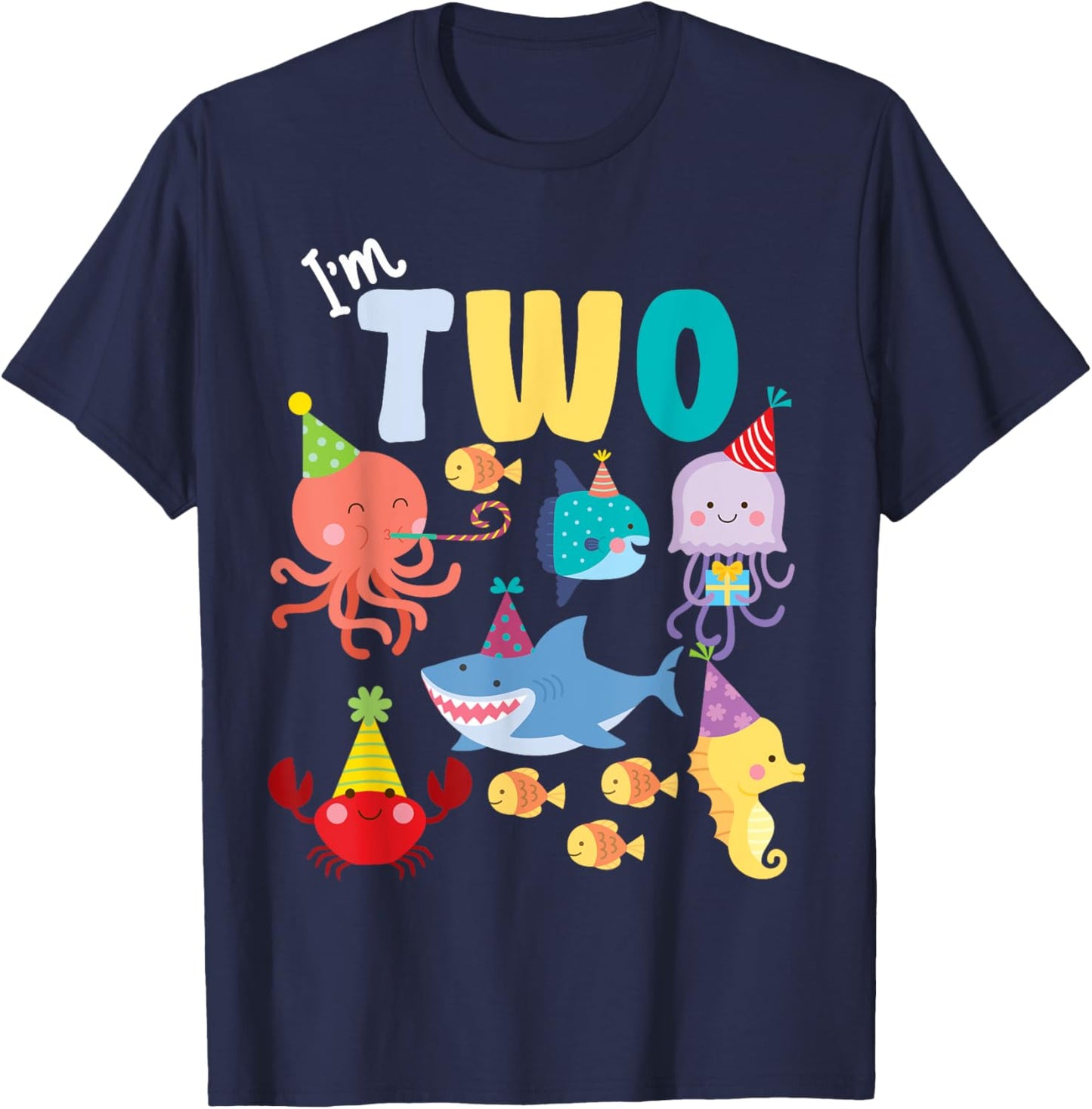 Cute Sea Animals Ocean Creatures Party 2nd Birthday I'm Two T-Shirt - T-Shirt | Navy
