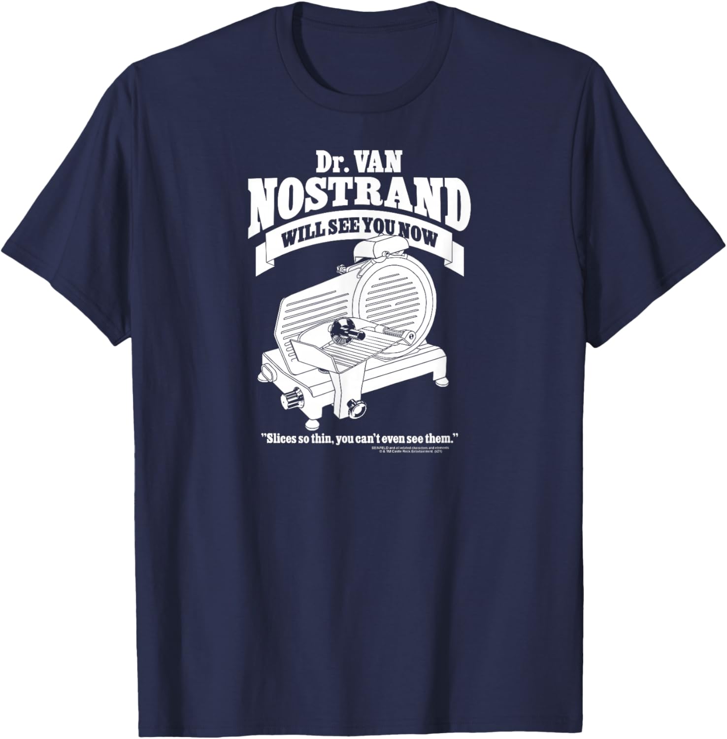 Seinfeld Dr. Van Nostrand Meat Slicer Funny 90's TV Show T-Shirt - T-Shirt | Navy