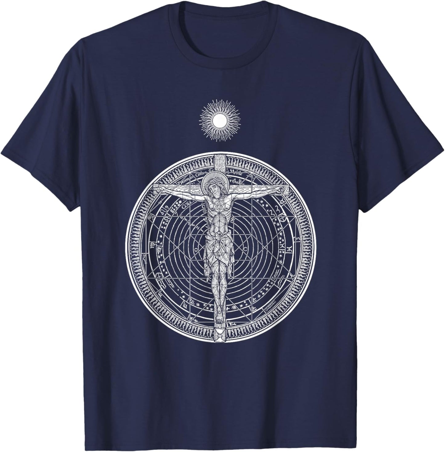 CRUCIFIXION Hypercube Cosmic Christ Crucifix Mandala Sun God T-Shirt - T-Shirt | Navy