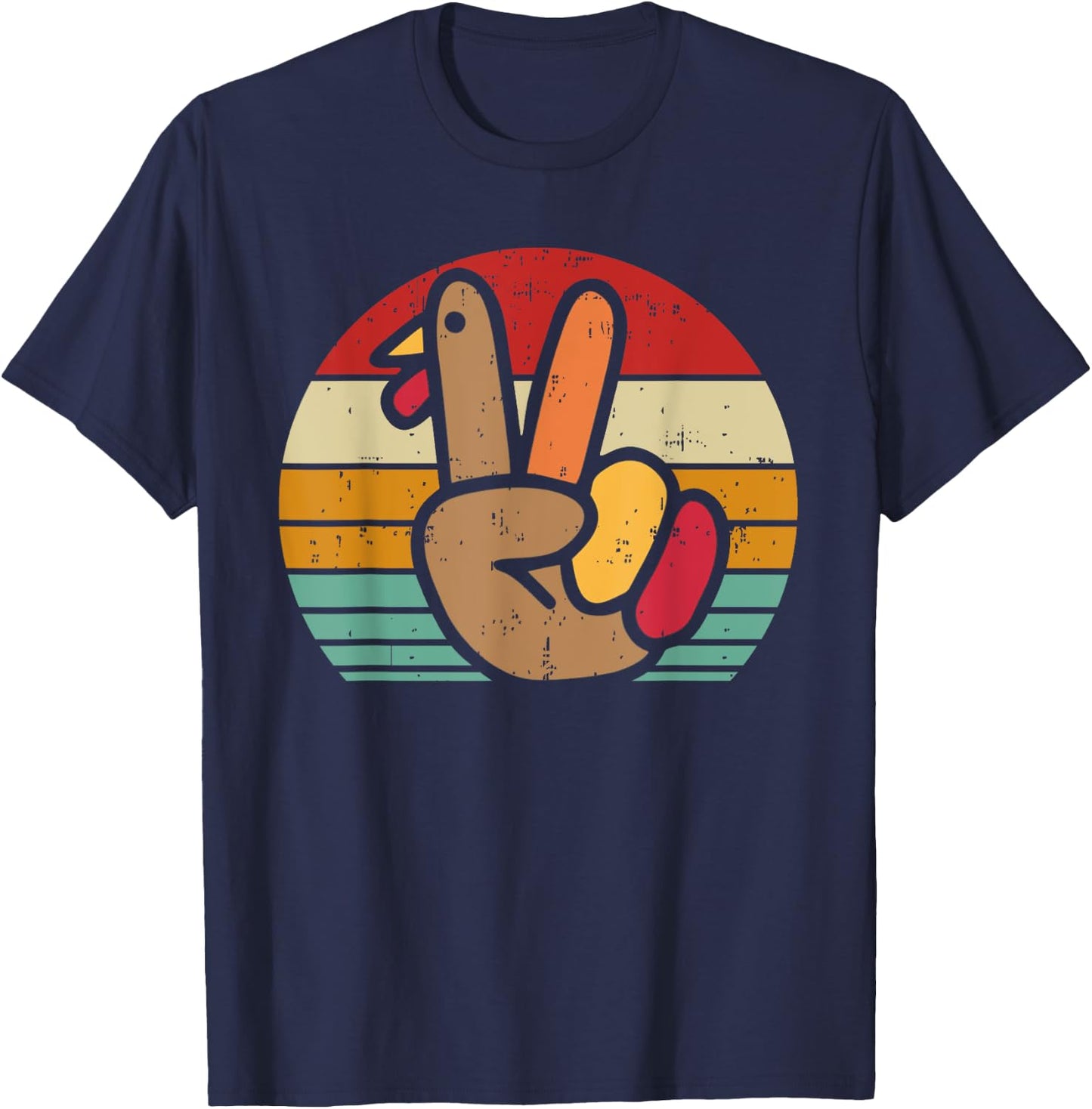 Peace Sign Turkey Hand Thanksgiving Retro Vintage Men Women T-Shirt - T-Shirt | Navy