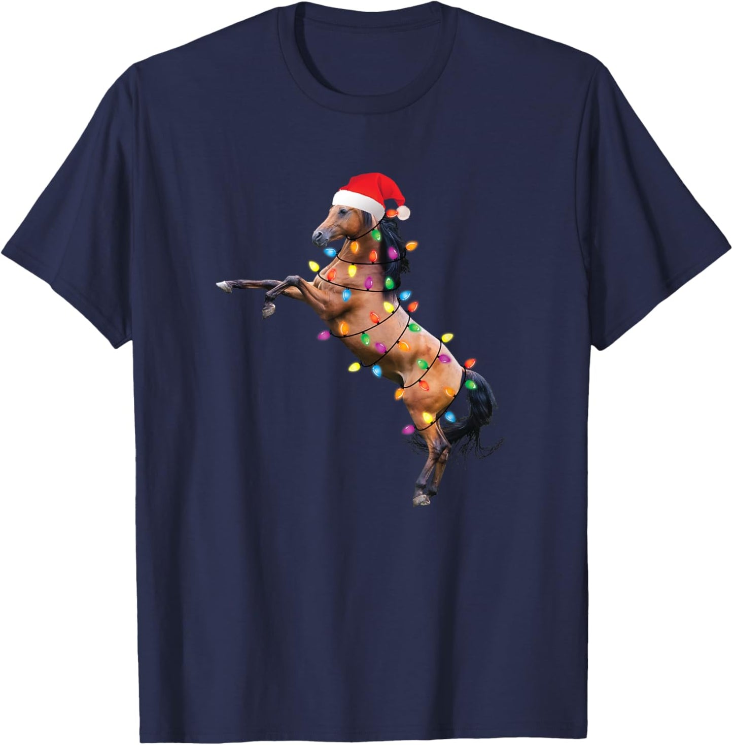 Christmas Lights Horse Santa Funny Xmas Tree Horse T-Shirt - T-Shirt | Navy