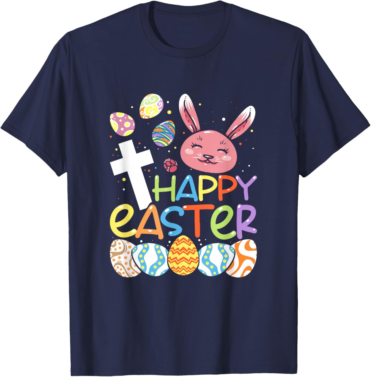 Religious Happy Easter Bunny Rabbit Eggs Jesus Cross Kids T-Shirt - T-Shirt | Navy