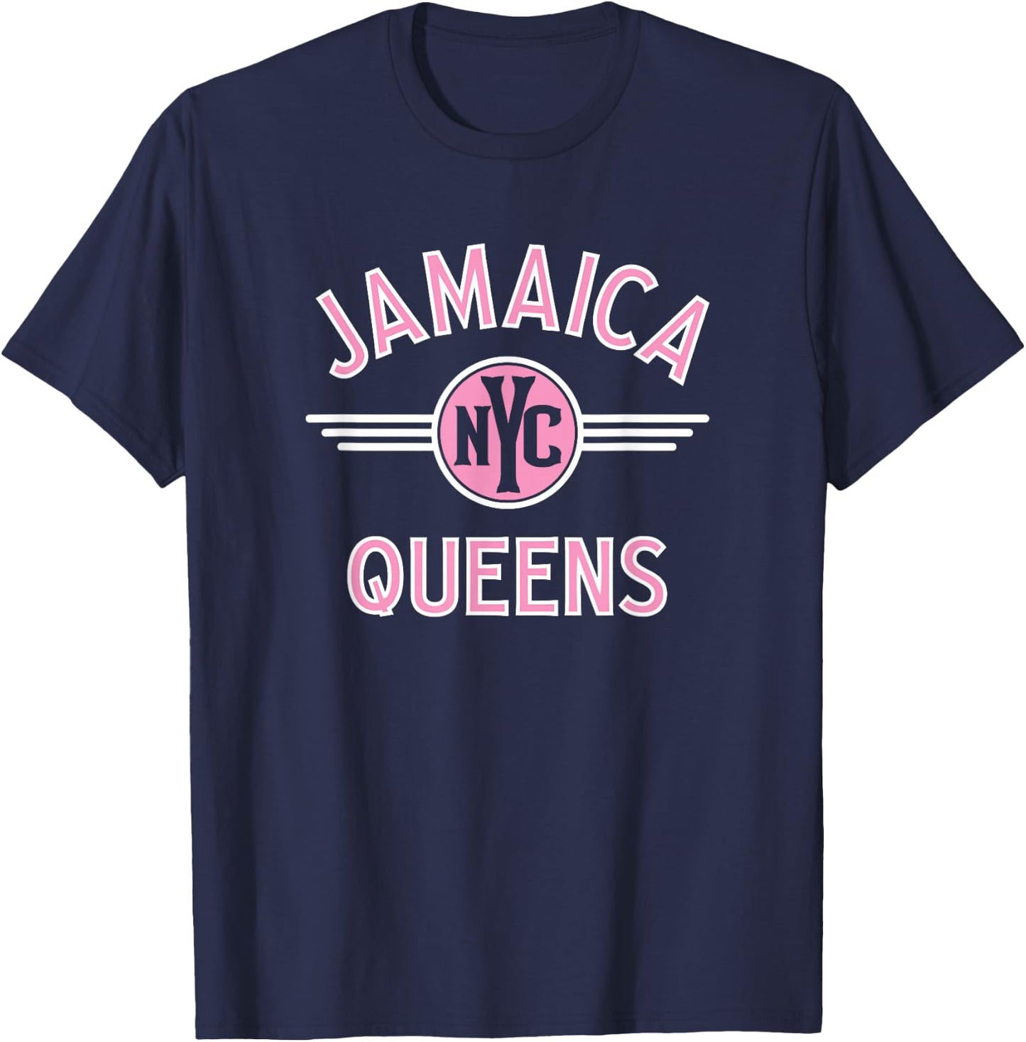 Jamaica Queens NYC Circle Pink Print T-Shirt - T-Shirt | Navy