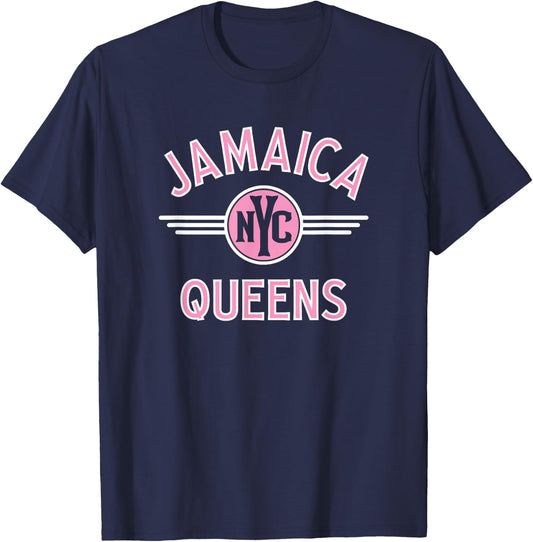 Jamaica Queens NYC Circle Pink Print T-Shirt - T-Shirt | Navy