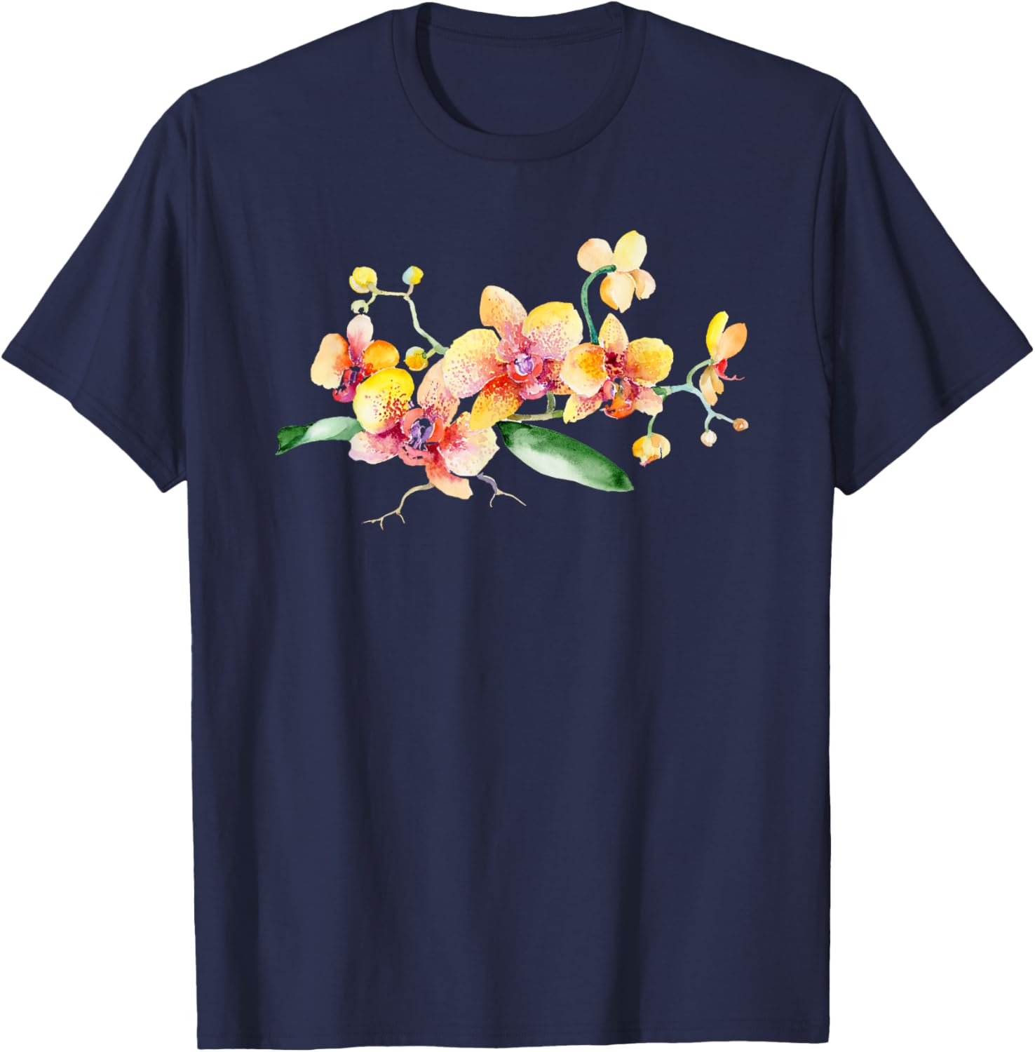 Yellow Orchid Flower Watercolor Floral Design T-Shirt - T-Shirt | Navy