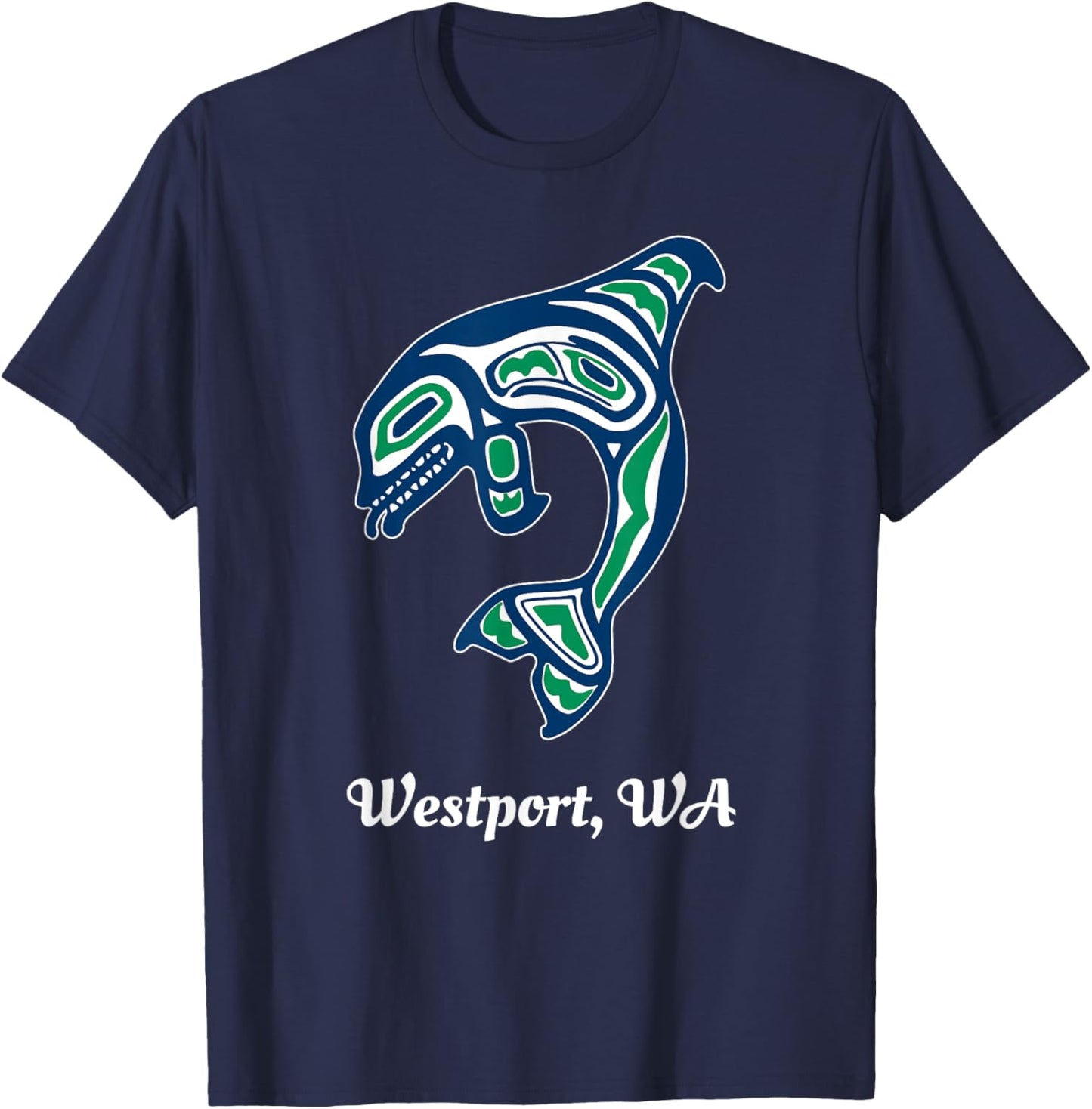 Blue Green Native American Westport WA Orca Killer Whale T-Shirt - T-Shirt | Navy