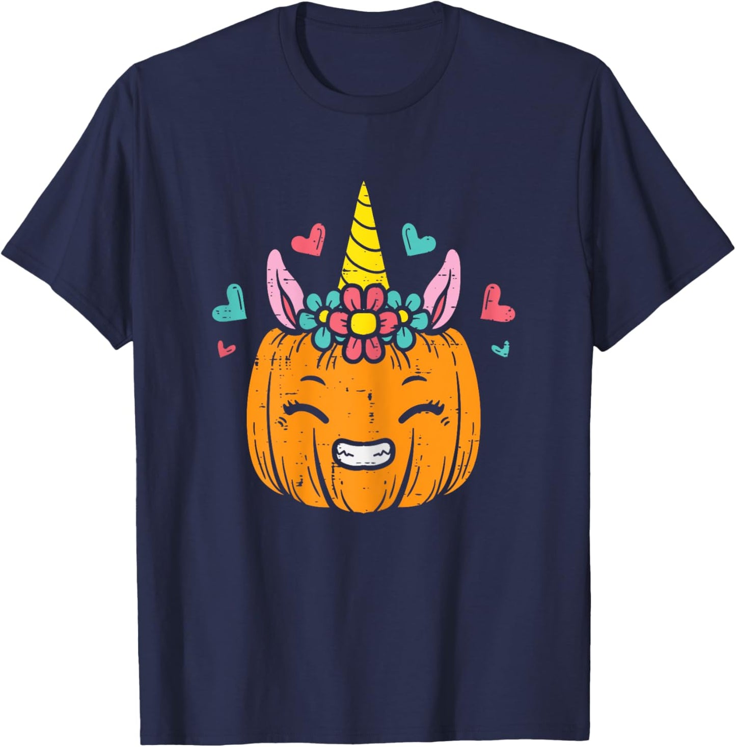 Pumpkin Unicorn Face Cute Halloween Costume Women Girls T-Shirt - T-Shirt | Navy