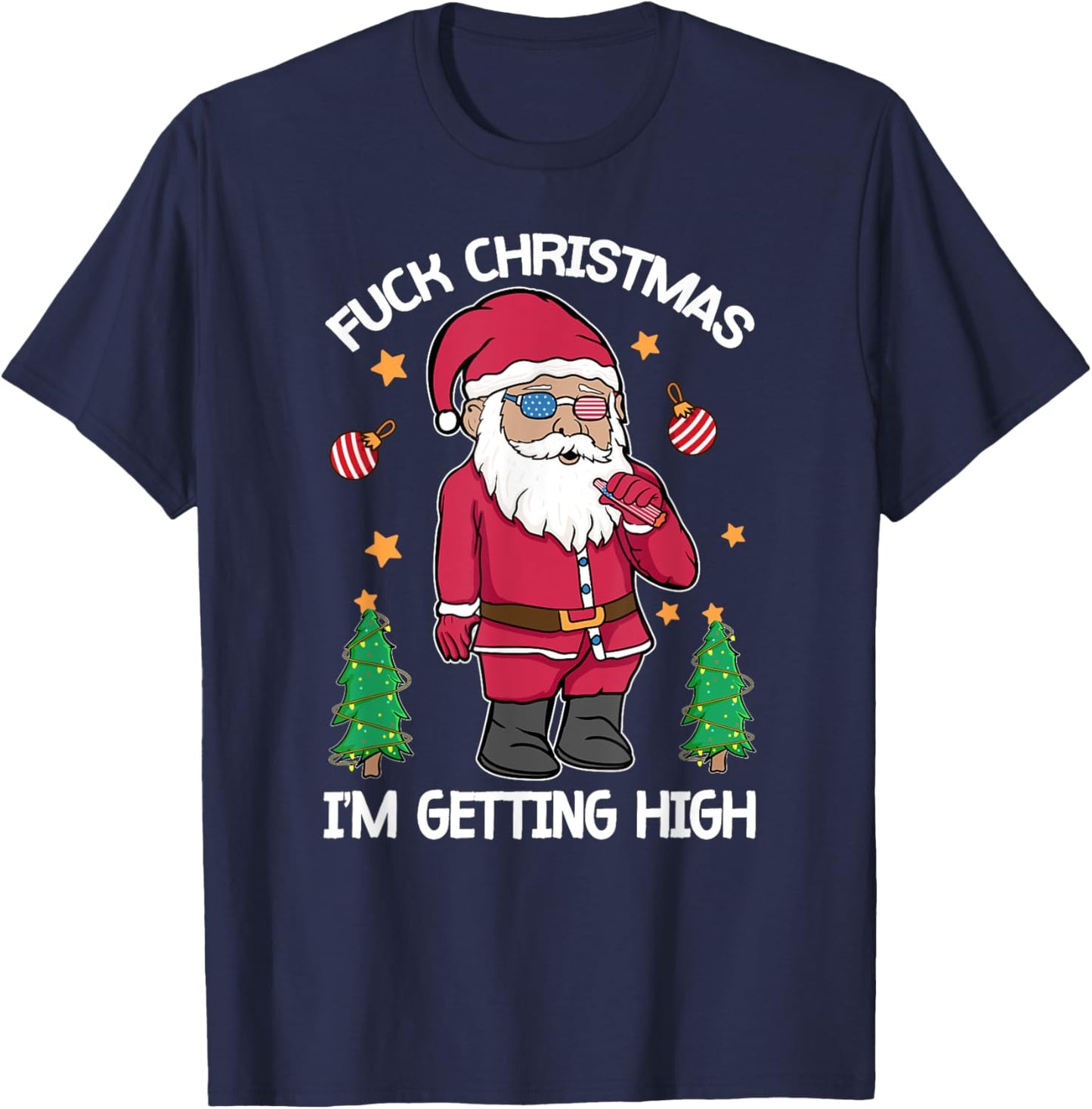 Fuck Christmas Weed Smoking American Gnome Sarcastic Xmas T-Shirt - T-Shirt | Navy