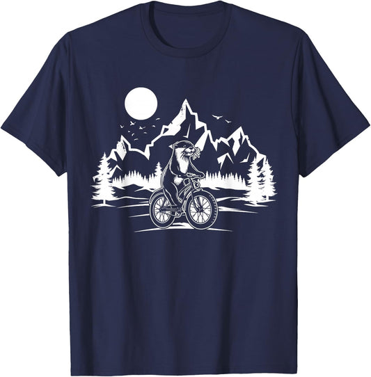 Otter Riding Bicycle Vintage Mountain Biking Otter Biker T-Shirt - T-Shirt | Navy