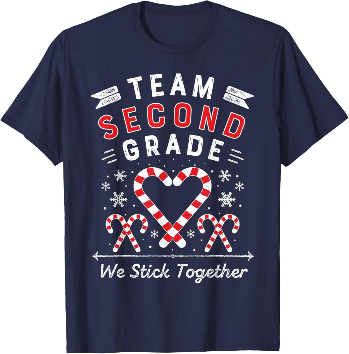 Team Second Grade Christmas Candy Cane Heart | Xmas Teacher Men Women Kids T-Shirt - T-Shirt | Navy